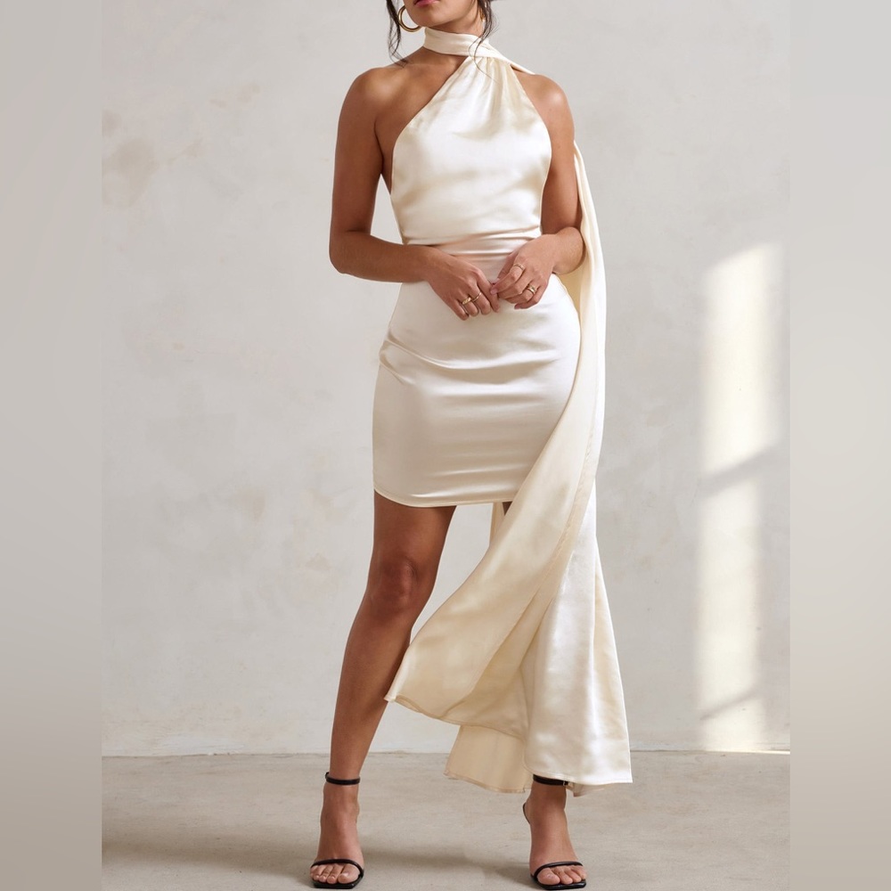 NWT CLUB L LONDON NASIRA CREAM WHITE ASYMMETRIC NECK MINI SATIN DRESS SCARF US 2